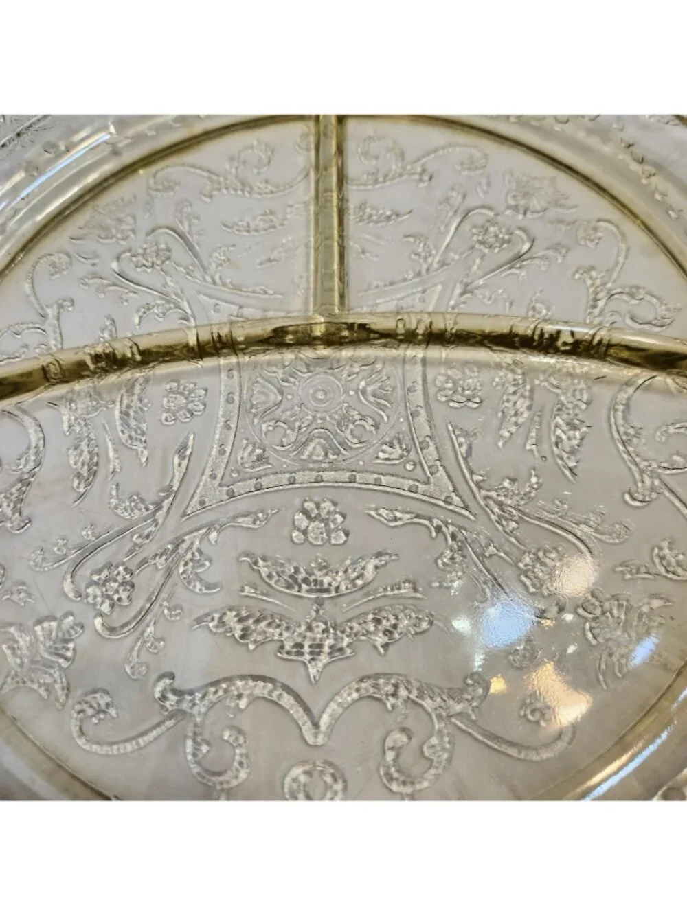 Federal Madrid Etched Divided 3 Section Depression Glass Plate Floral Scrolled